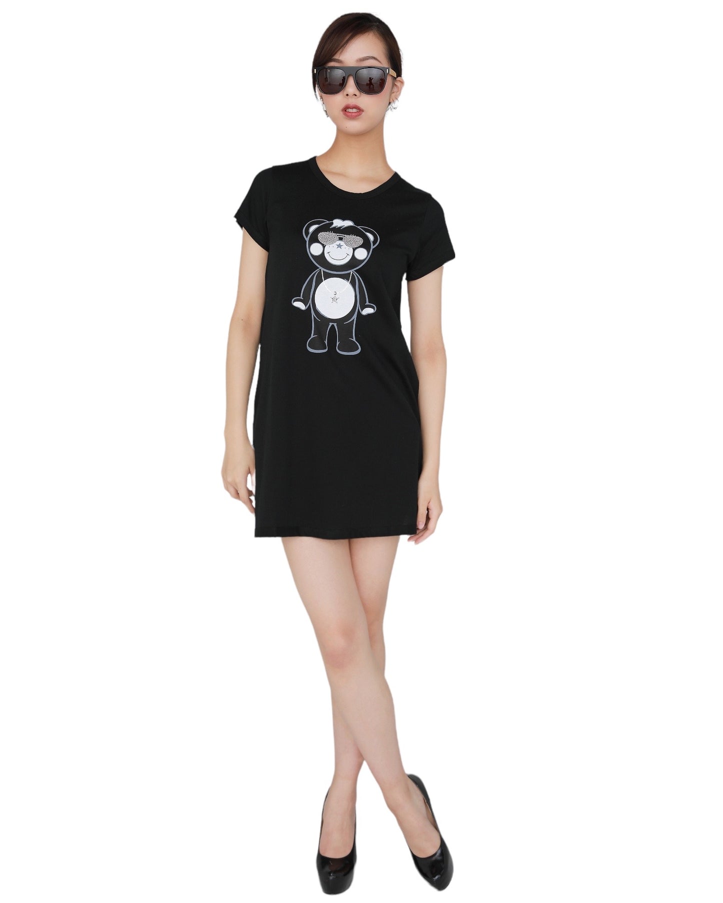 スワロフスキーチャッピーレディースワンピースTシャツ黒全身