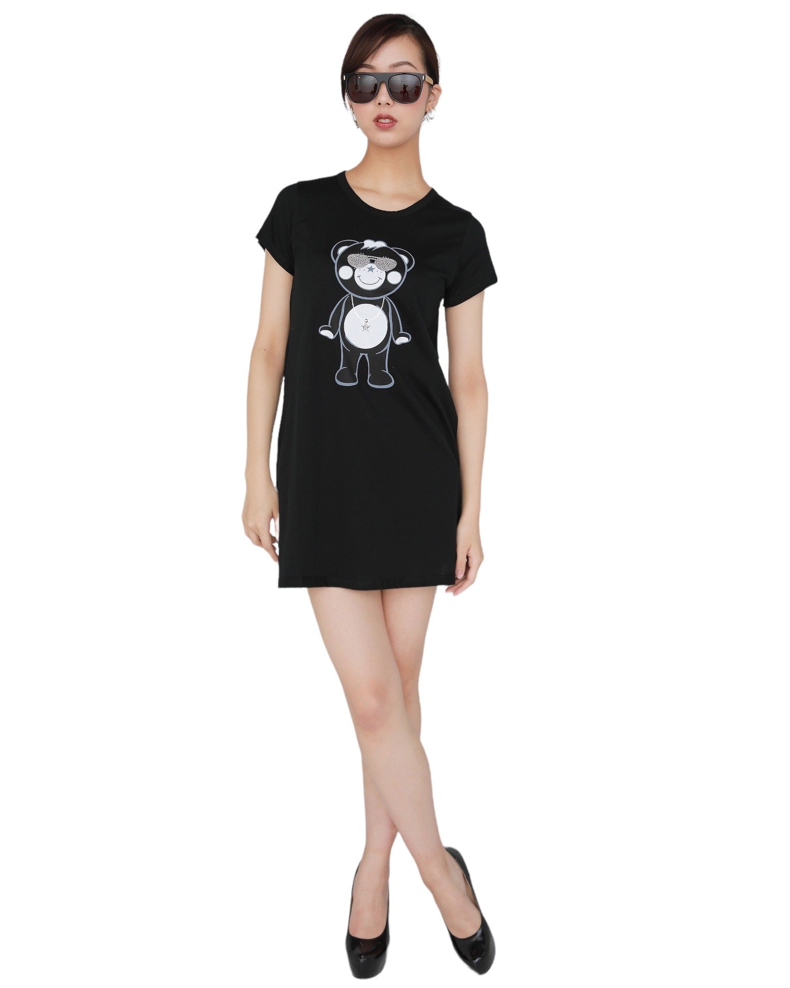 スワロフスキーチャッピーレディースワンピースTシャツ黒全身